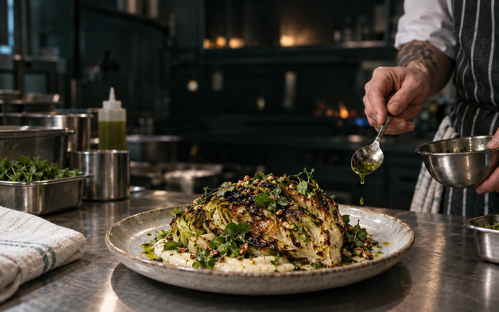 A chef finishing a plated dish on a stainless-steel kitchen pass