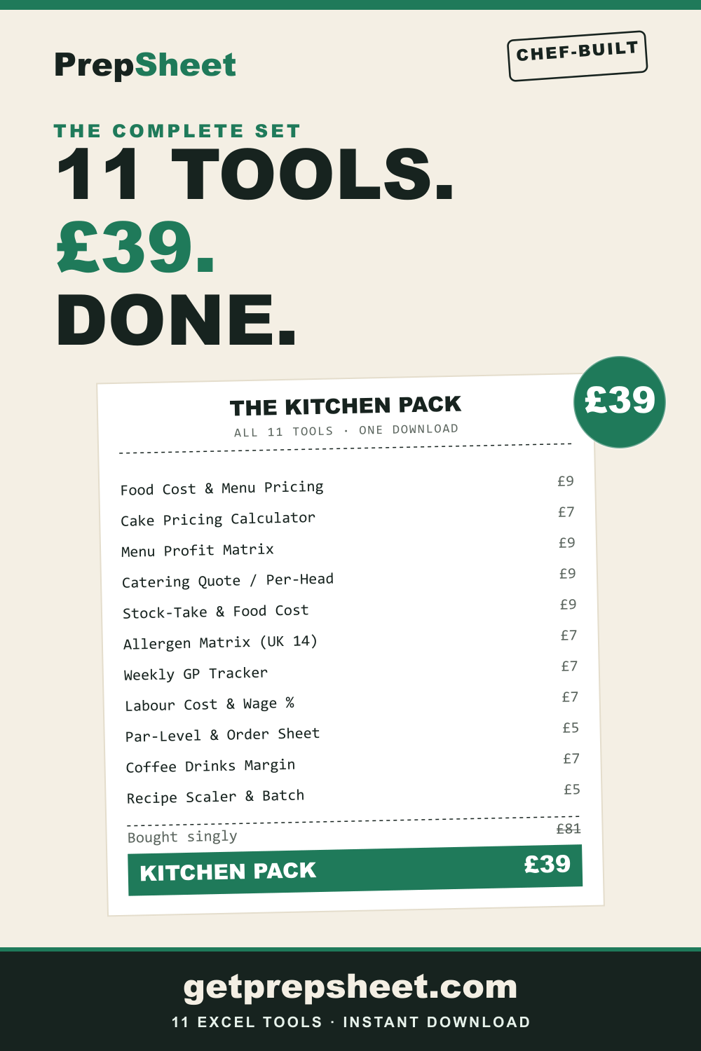 PrepSheet Kitchen Pack (all 11 tools) — PrepSheet Excel template