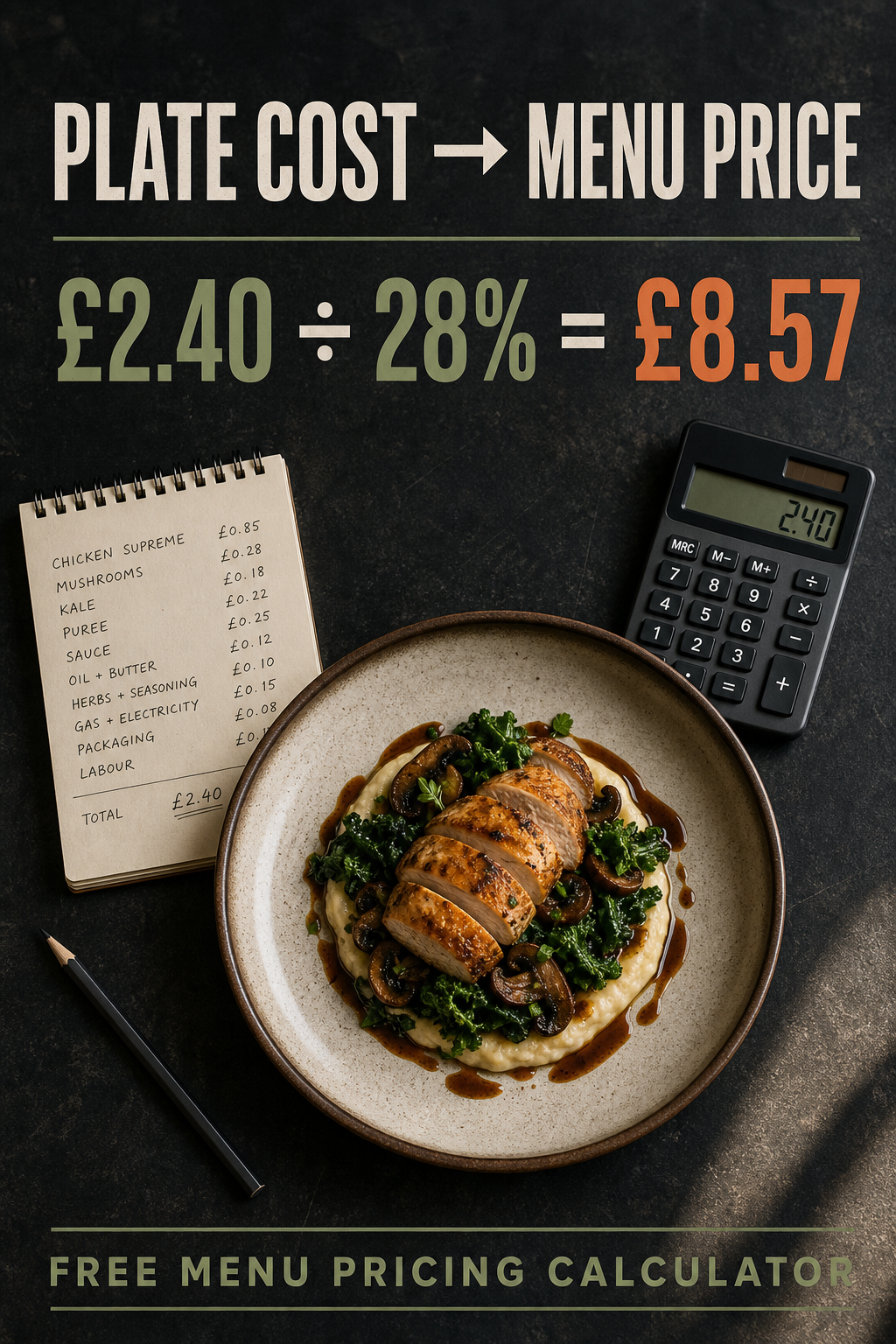 Plate cost to menu price: £2.40 divided by 28% equals £8.57